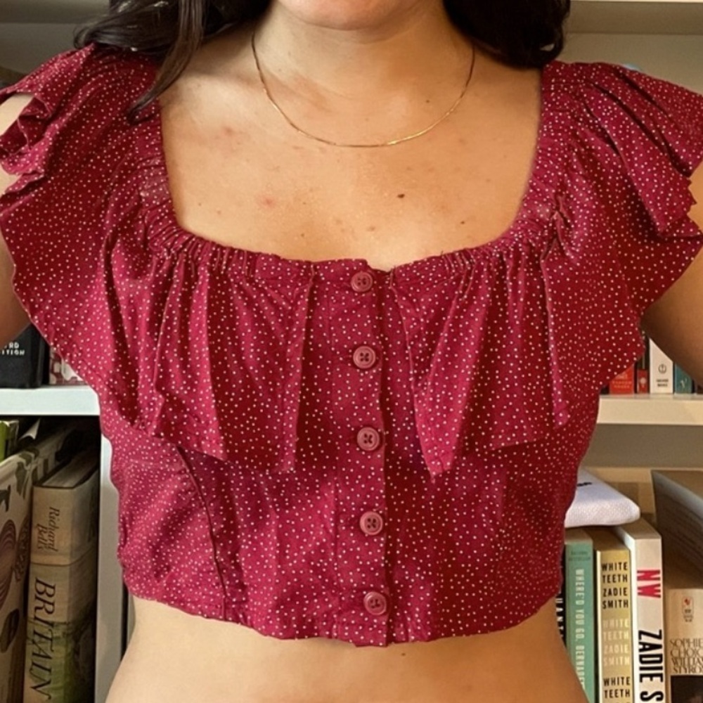Topshop crop polka dot ruffle top